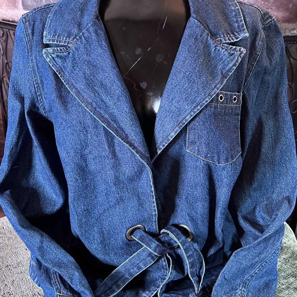 Allison Brittney Classic Blue Denim Jacket, size 14, 100% cotton rope tie belt